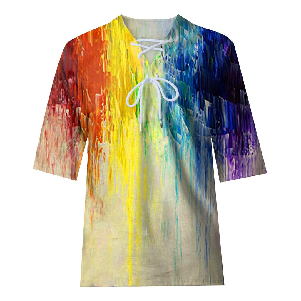 Men's Casual Creative Mid-Sleeve V-Neck Tie Rope Print Fashion Street T-Shirt
