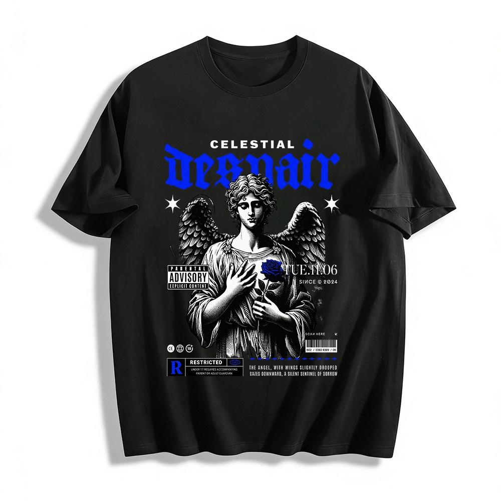 

Vintage Dark Angel Blue Rose Print T-Shirt Streetwear Top Pure cotton T-shirt XXS
