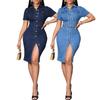 Women's Short Sleeve Denim Look Collared A-Line Dress with Button Front and Slit
