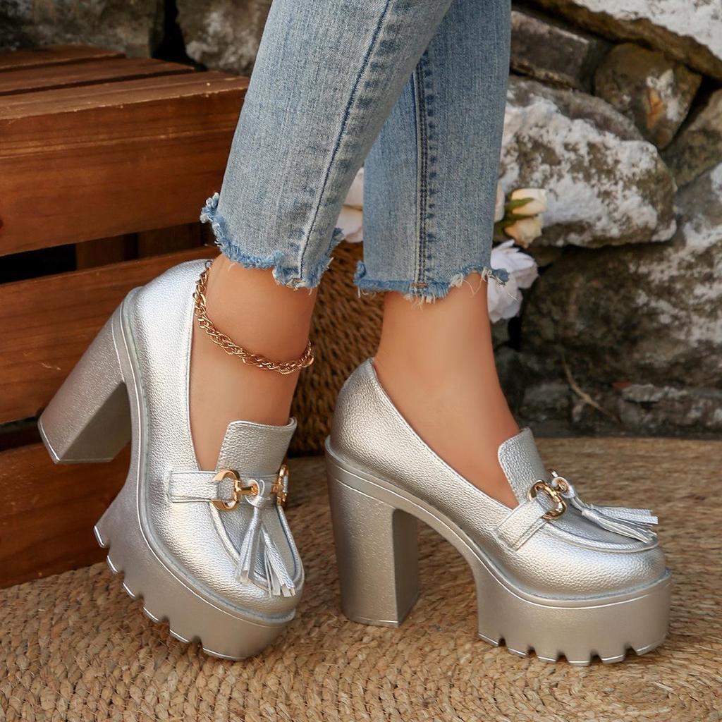 Women's Chunky Heel High Heel Shoes with Tassel Decoration - 2025 Autumn Collection in Plus Sizes
