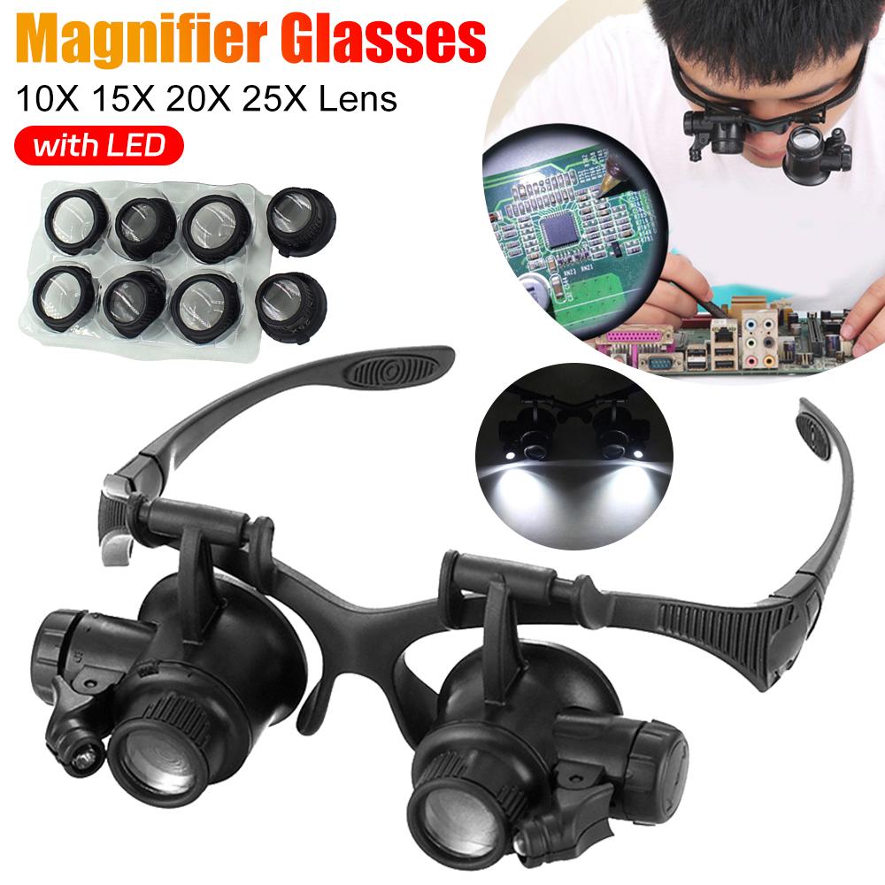 Watch Magnifier Head Wearing Magnifier Glasses with LED Magnifying 10X 15X 20X 25X Jeweler Repair Professional Magnifier Glasses