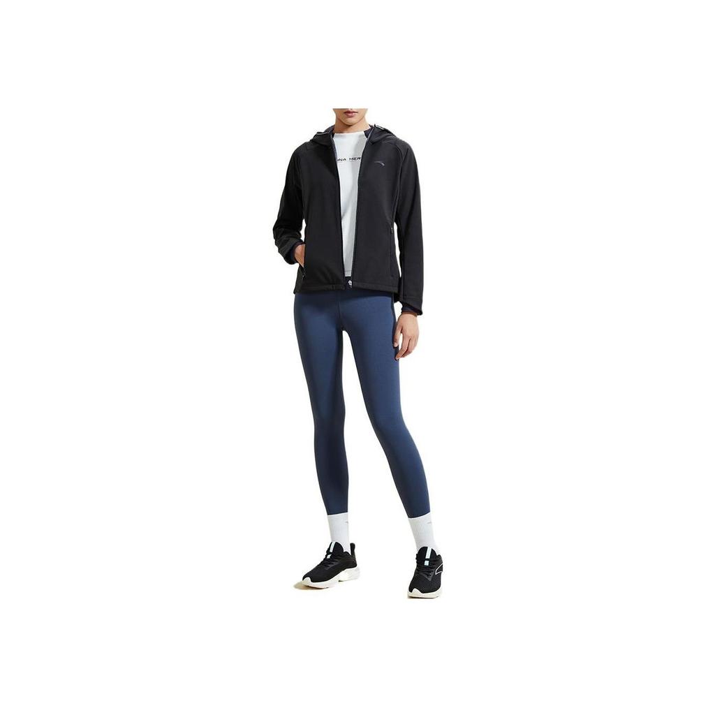 Anta Running Series Logo Print Fleece Hooded Long Sleeve Jacket Women Jacket Black 962245607-4
