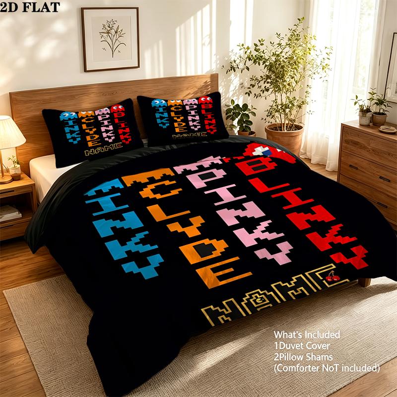 Custom Name,Pac Man Pattern Bedding Home Decoration Birthday Gift ( 1 Duvet Cover + 2 Pillowcase, Without Core),fan Merchandise.