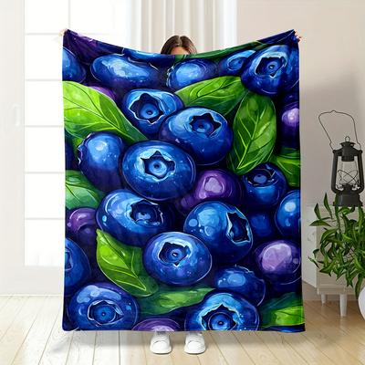 Blueberries and Green Leaves Pattern Patterned Flannel Blanket Perfect for the Bedroom Living Room, Sofa, or a Little Nap