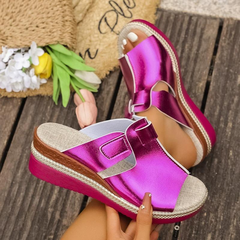2026 Лето Новые шлепанцы на толстой подошве Модные сандалии на плоской подошве большого размера с круглым носком женский повседневный стиль 43 фиолетовый 1670₽