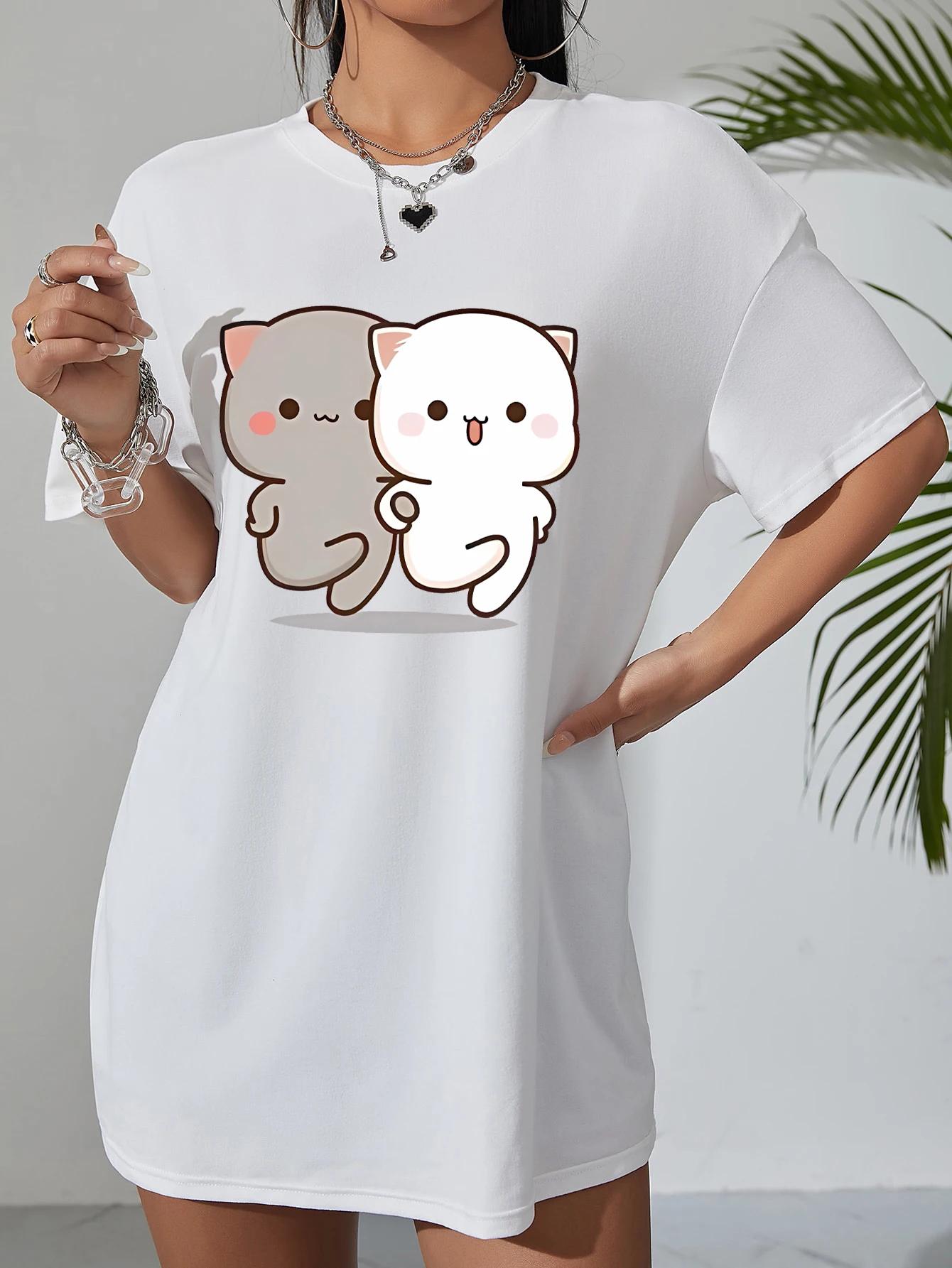 

Мультяшная футболка с принтом пары персиковых кошек для женщин, высококачественная футболка, футболки больших размеров, летняя классическая футболка унисекс 4XL