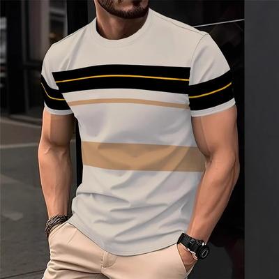 Summer Round Neck Striped Contrasting 3D Print Top Fashionable Casual Simple Short Sleeved Men's T-shirts