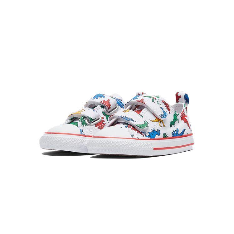 Converse Chuck Taylor All Star Low Velcro TD Estampa Dinoverso Tênis de Bebê Branco Esmalte-Vermelho Totalmente-Azul 763713C