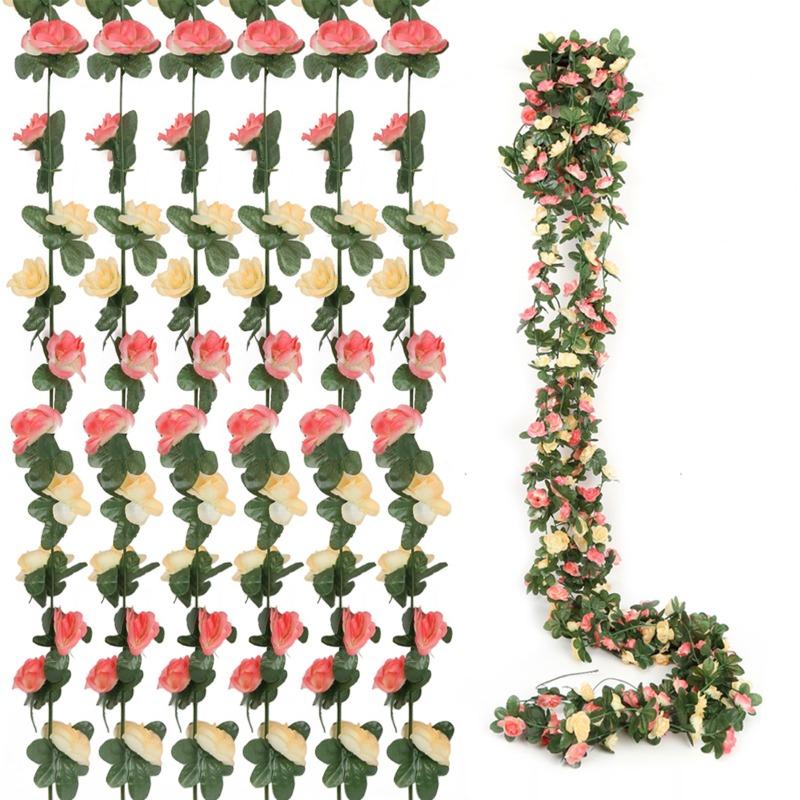 6 Pcs Flower Garland Artificial Rose Vine Flowers with Green Leaves Hanging Fake Roses Vine for Room Anniversary Wedding Birthday Christmas Arch Decor