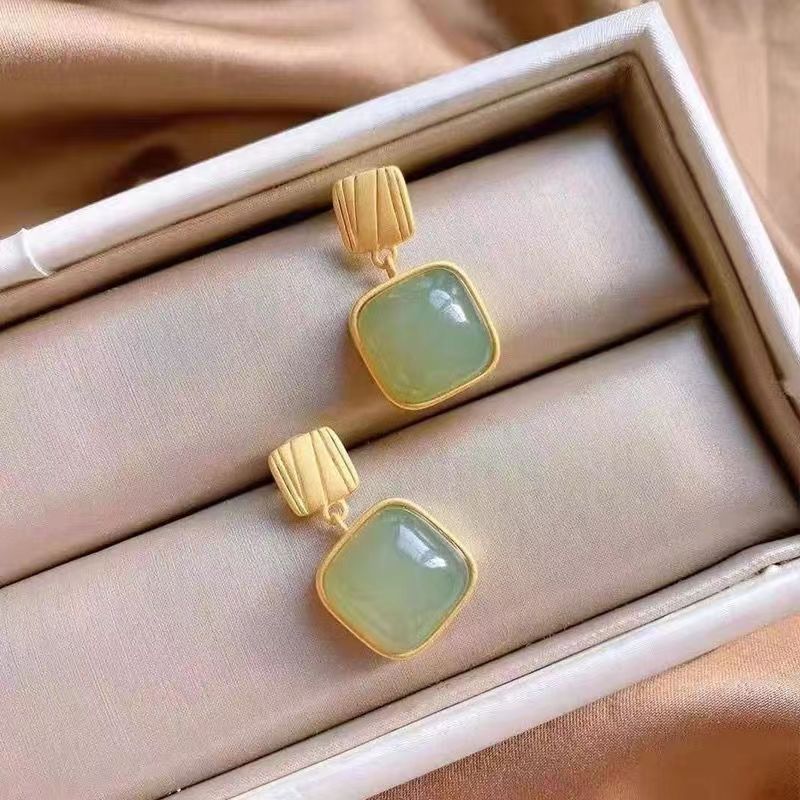 Imitation Jade Green Stone Square Drop Earrings For Women Jewelry Brincos Boho Gift