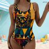 Women Plus Size One Piece Swimsuit Scoop Neck Wide Straps High Cut Black Colorful Printed