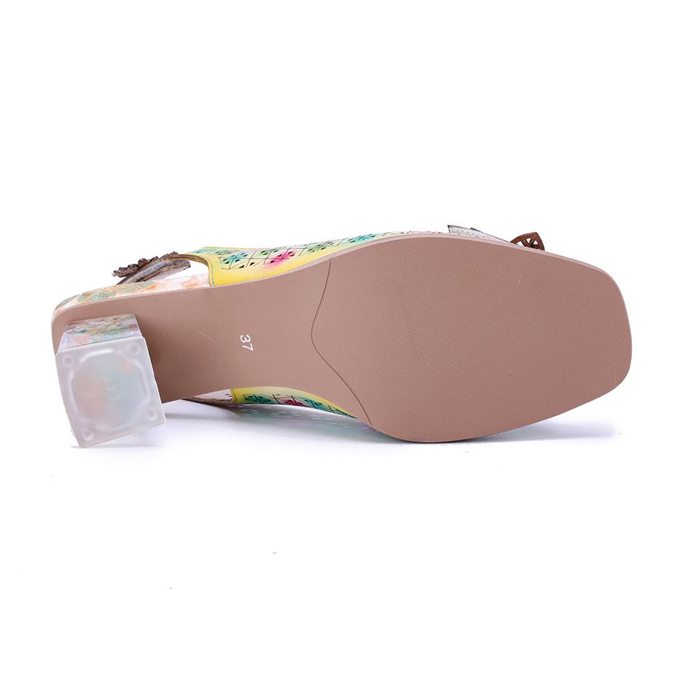 Johnature Genuine Leather Retro Baroque Style Hollow Out Colorful Three-dimensional Flower High-heeled Sandals