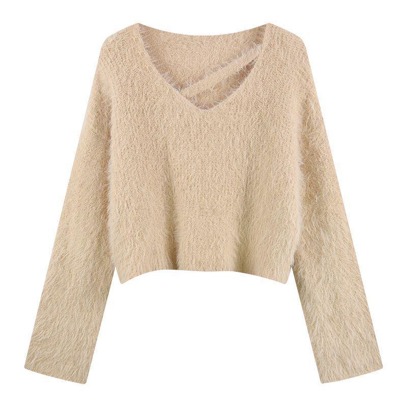 Trendy V-Neck Faux Mink Fur Sweater for Women - Autumn/Winter Cozy Knit Top