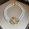 Diamond-encrusted Flower Geometric Pearl Necklace Temperament Light Luxury Sweater Chain French Retro Necklace Autumn and Winter