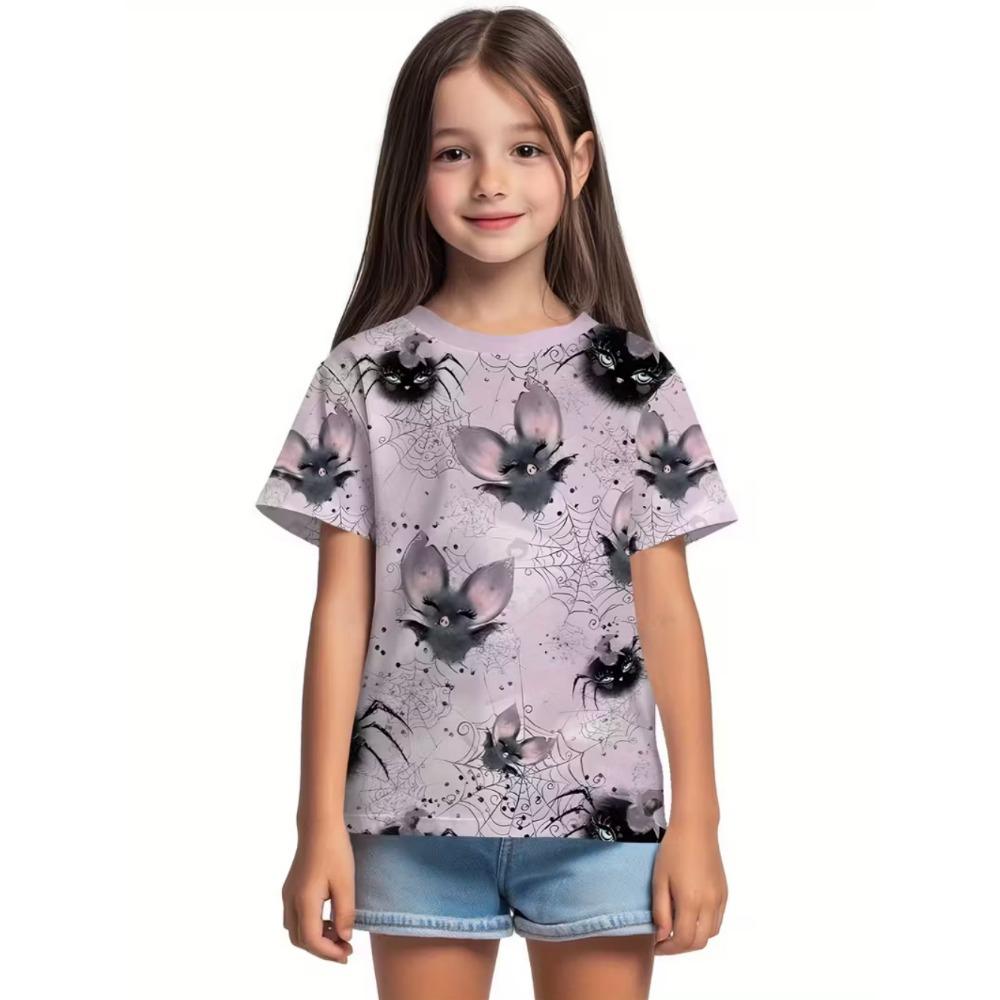 Girl's T-shirt Halloween Cartoon Pumpkin Print Round Neck Short Sleeved Top Fashionable Girl's Clothing Holiday Children's Clothing
