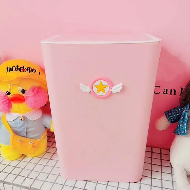 Cartoon Card Captor Sakura Pink Plastic Waste Bin With Lid Kitchen Household Cute Large Ashbin Bucket Creative Pressed Trash Can