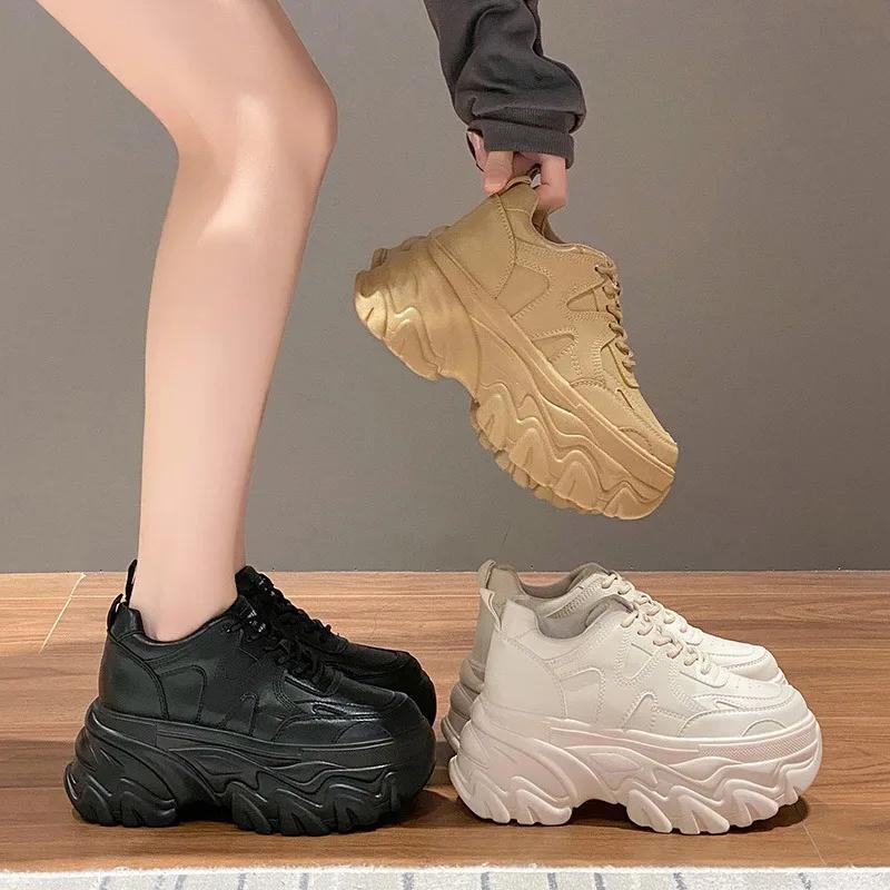 Fashion Autumn Breathable Thick Bottom Casual Shoes New 2025 Women's Chunky Leather Sneakers 8CM High Platform Sports Dad Shoes Spring