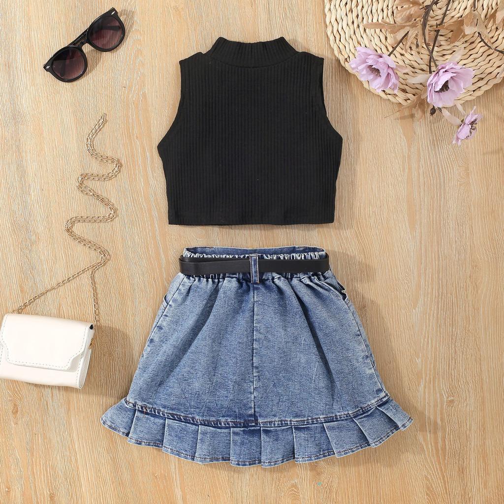 Girls' Fashion Set, Summer Children's Casual Solid-color Sleeveless Top, Denim Pleated Skirt Set, Belt