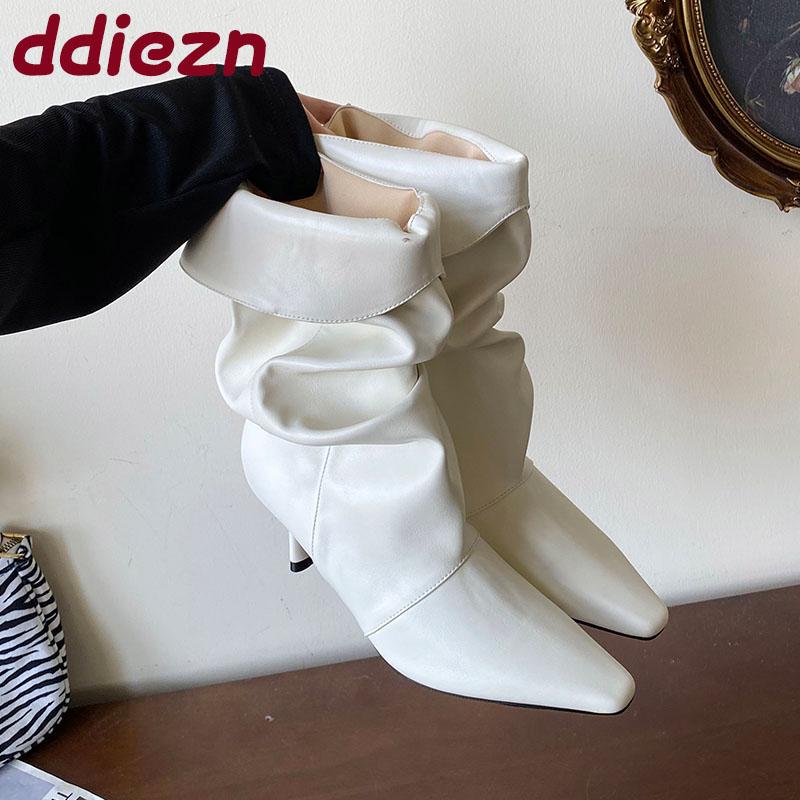 Fashion Fashion Pleated Ladies Modern Boots Shoes Thin Heels Footwear Pointed Toe Women Short Boots Female Slip On Shoes Pumps