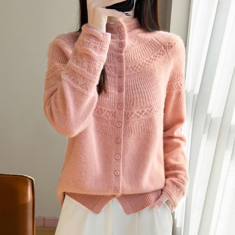 Women's Hollow Crochet Wool Knit Cardigan Sweater with Stand Collar - Autumn/Winter Temperament
