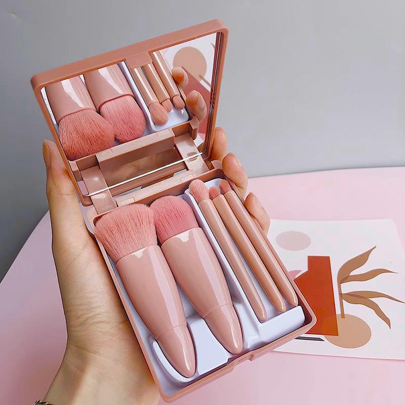 5-Piece Portable Makeup Brush Set with Mirror - Includes Eyeshadow, Powder, Blush, and Travel Brushes
