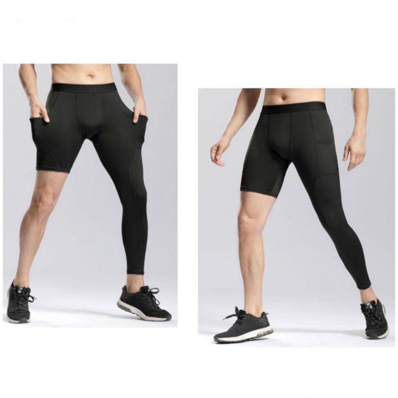 Herre Fitness Sport Treningsbukser med Lomme Elastisk Hurtigtørkende Kompresjonsbukser Bukseben Lang og Kort