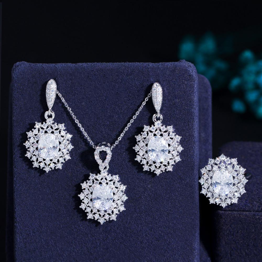 Necklace, Earrings, Ring, Ruby Three-Piece Chain, Micro-Zircon Popular Jewelry.