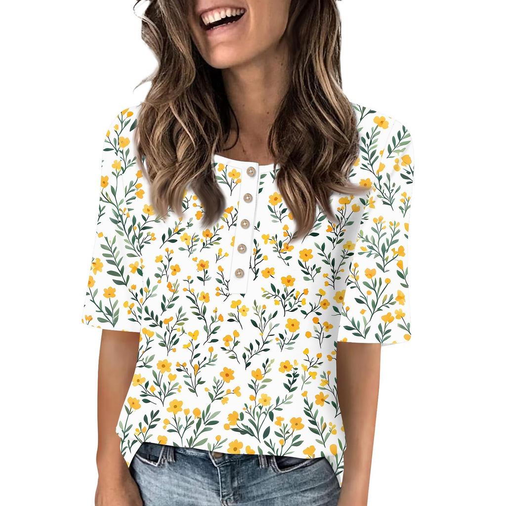 Shirts For Women Trendy Round Neck Button T Shirts Printed  Blouse Half Sleeve Tops For Women
