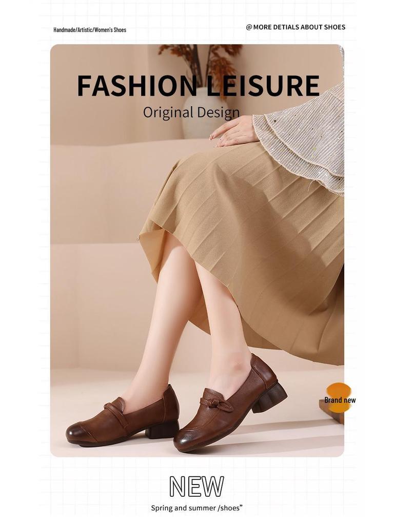Women's Retro Low Heel Cowhide Shoes: Comfortable, Versatile, Non-Slip Soft Sole, Ideal for Commuting.