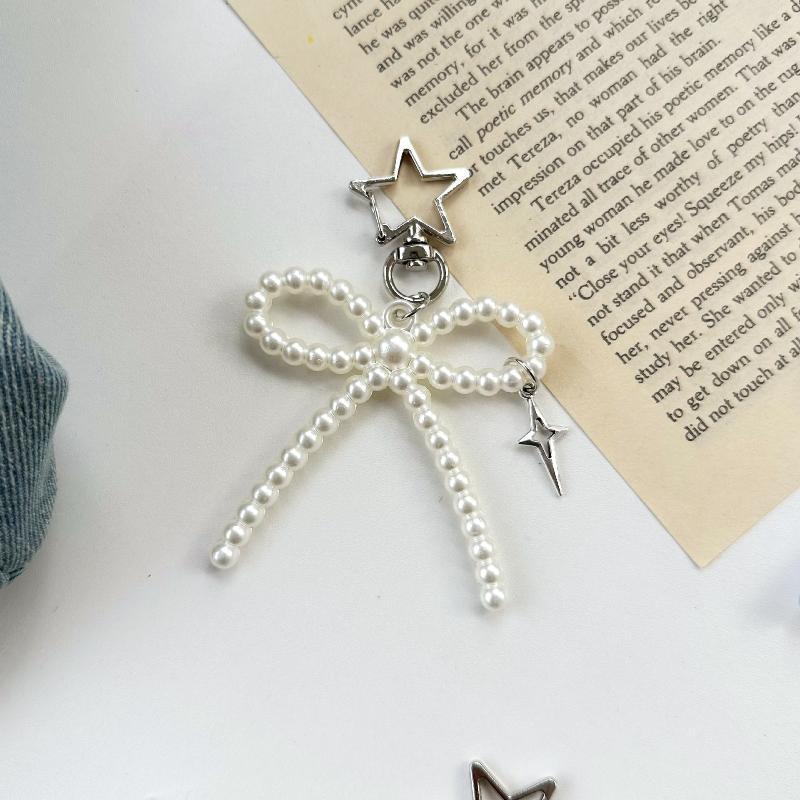 Simple Ins Style Lace Pearl Bow Keychain Creative Charm Bow Bead Pendant Backpack Decoration Handbag Charm Pendant Gift
