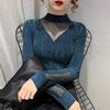 Autumn New Black Inner Semi-turtleneck Lace Hollow Long-sleeved Knitted Bottoming Sweater Women's Top