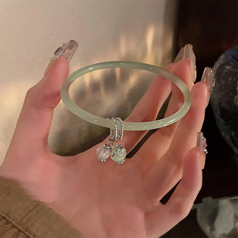 Simple  Green Bangle Tassel Double Spell Silver Opening Adjustable Bracelet For Women Vintage Jewelry Gifts