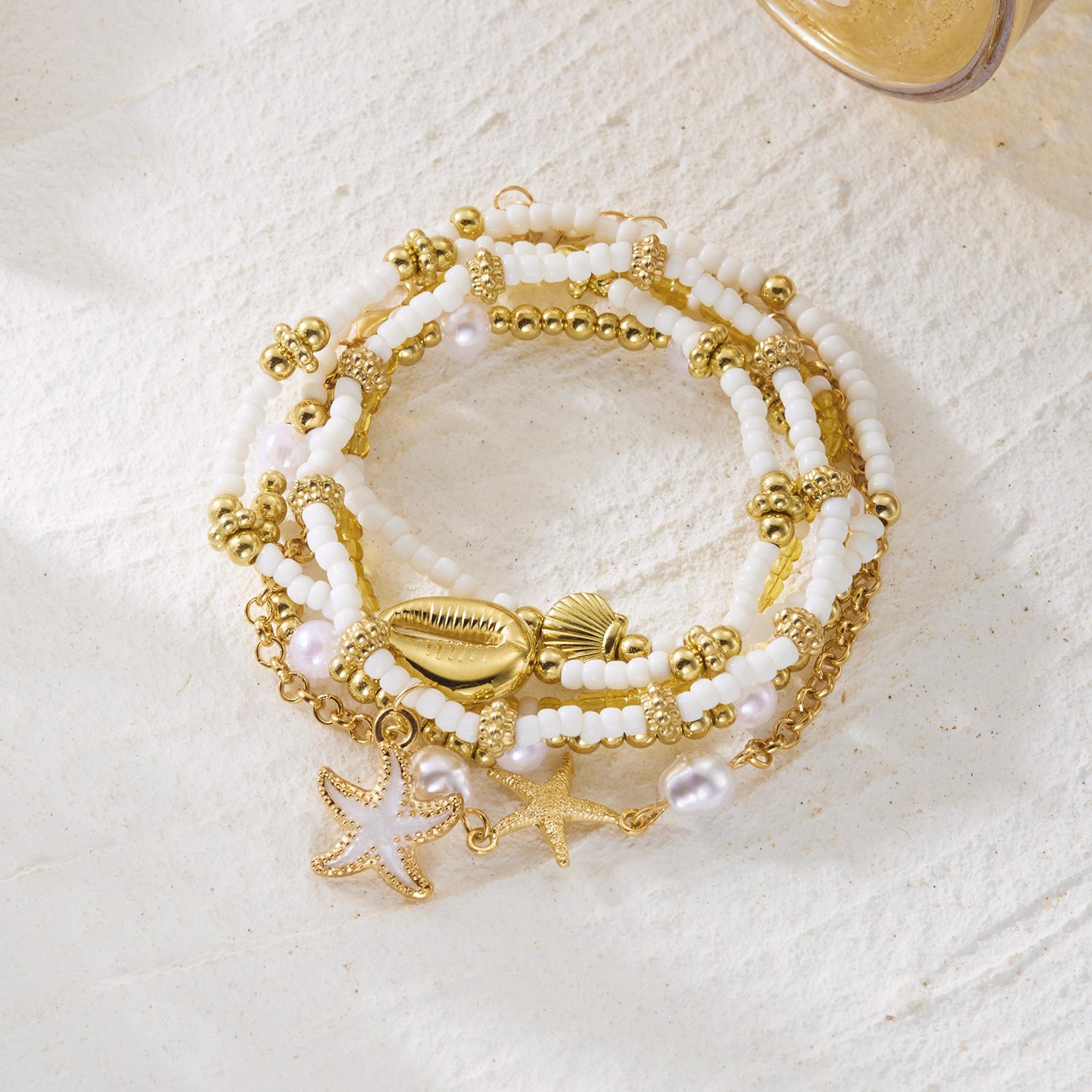 

6Pcs/Set Boho Shell Starfish Stacked Bracelets for Women Imitation Pearl Beaded Elastic Bracelet Summer Ocean Jewelry Gift