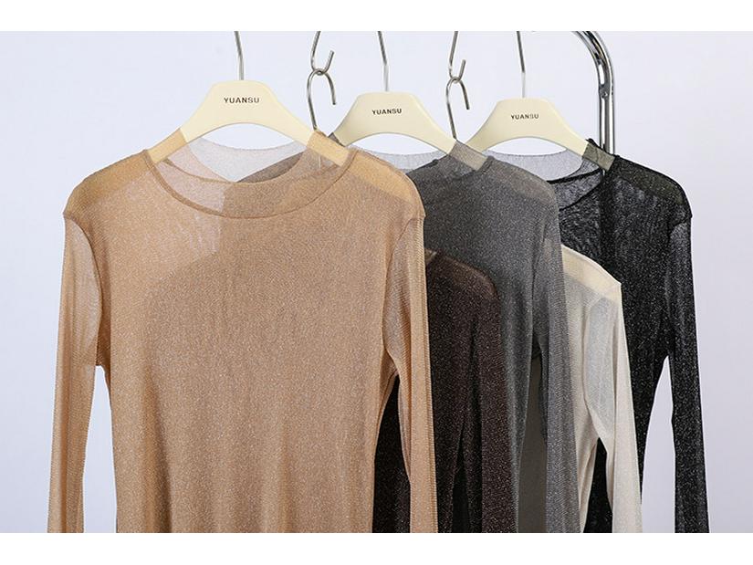 Feiyuan Women's Semi-Sheer Long-Sleeve Top, Solid Color, Versatile Sexy Base Layer, Tummy Concealer, Spring 2026 Arrival