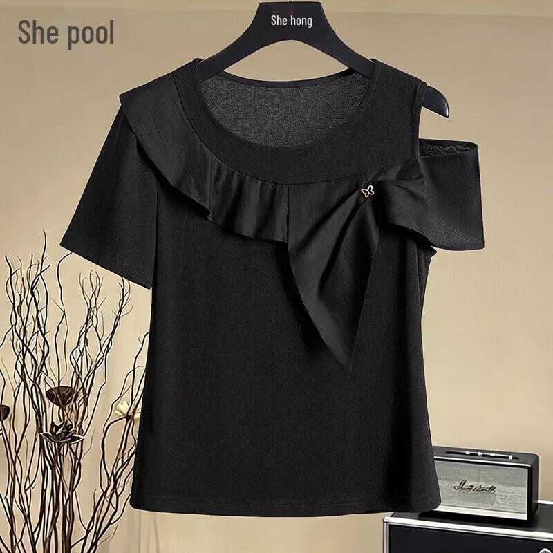 Tachi Women s Lyocell Ruffle Off-Shoulder T-Shirt XL чёрный
