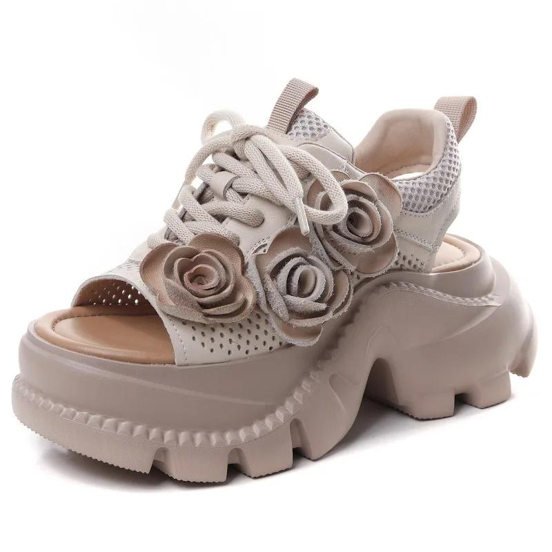 Fashion High Quality 7CM Cow Genuine Leather Women Flats Pumps Peep Toe Flower Platform Wedge Ladies Hollow 2025 Summer Fashion Sandals