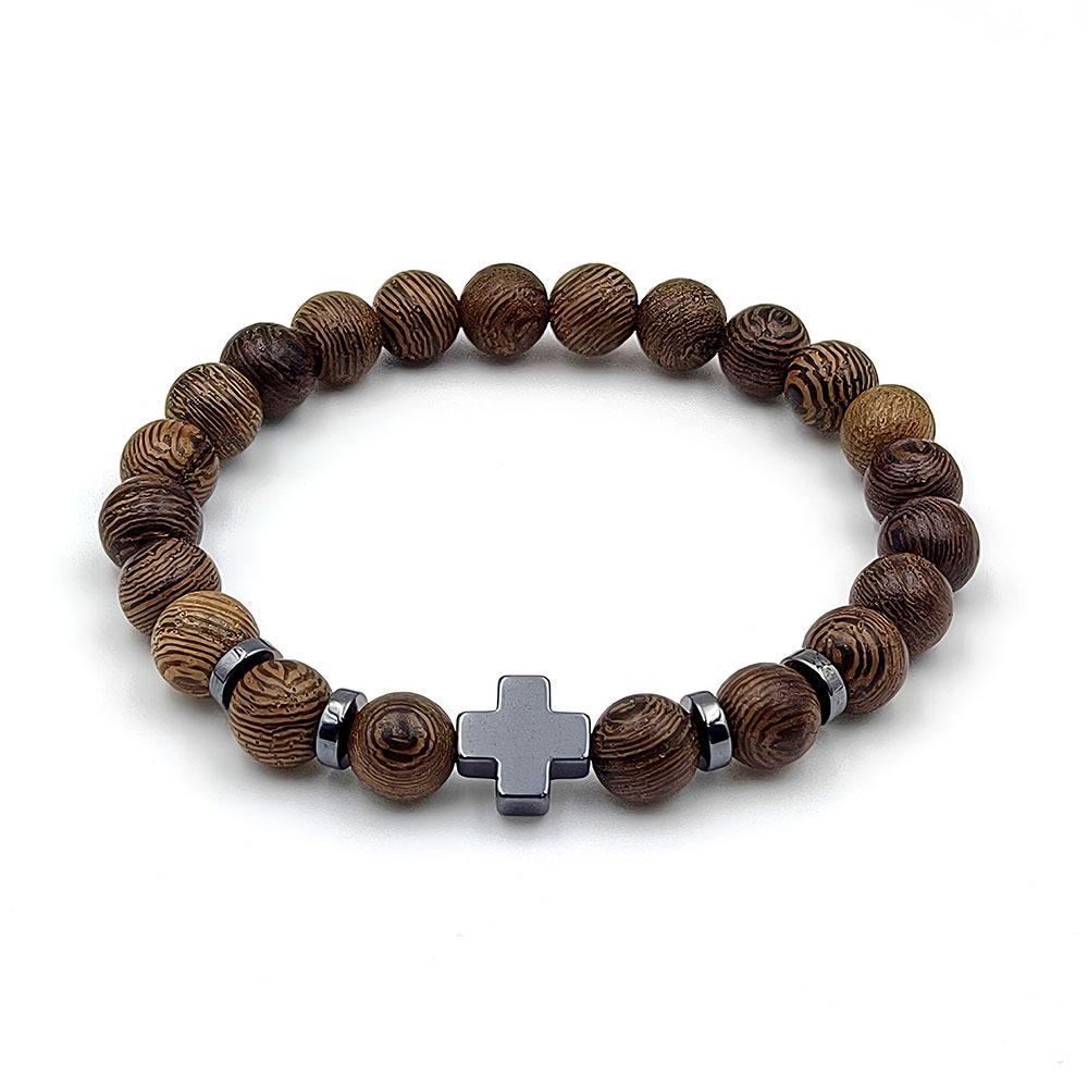 Black Hematite Cross Beaded Bracelet with Wooden Beads - Unisex Handmade String Accessory