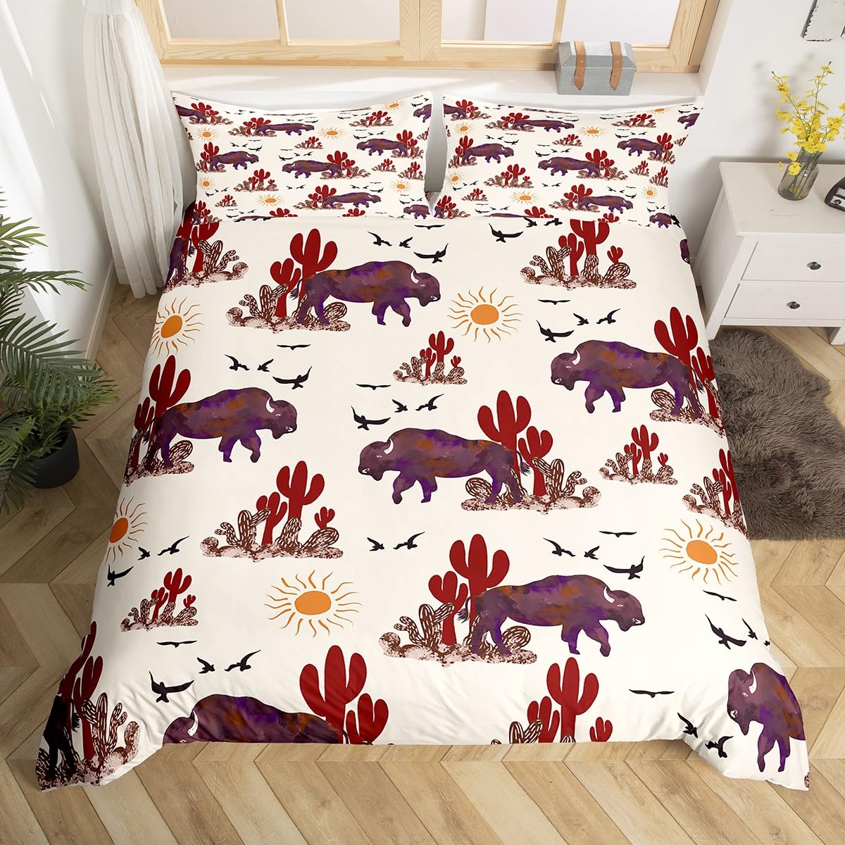 

Feelyou Sunflower Duvet Cover Botanical Floral Printed Bedding Set for Kids Women Adults Yellow Blossom Flowers Comforter Cover Wooden Scene 155x200cm