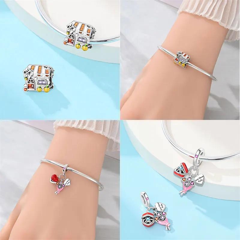 New Copper Charms Beads Pendant Love Wedding Proposal Pink Bouquet Charm For Women Bracelet Engagement Jewelry Gift