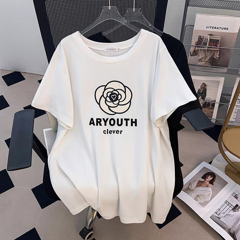

Women s Plus Size Slimming Loose Mid-Length Short-Sleeve T-Shirt (Round Neck) 200-350 Jin - Style 642 2XL чёрный