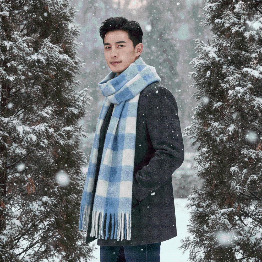 Tartan Checkered Plaid Fringe Scarf Long Tassels Blue Checkered Muffler Couples Matching