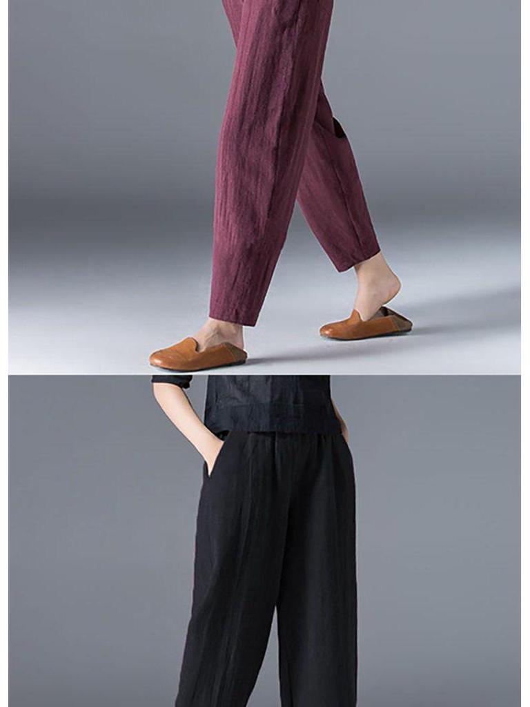 Damen Frühlings-Baumwoll-Leinen High Waist Schlankmachende Haremshose - Locker, Vielseitig, Große Größen Cropped Karottenstil