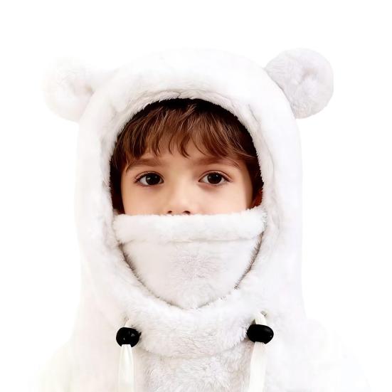 Yousheng Kinder-Skimütze, einfarbig, mit Bärenohren-Dekor, 3-in-1-Gesichtsschutz, Schal, Kopfbedeckung, winddichte Fleece-Kopfbedeckung für kaltes Wetter mit verstellbaren Kordeln