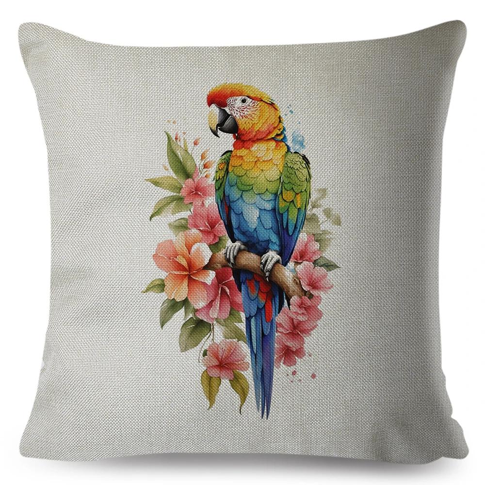 Federa Cuscino Doppia Stampa Cartoon Uccello Pittura ad Acquerello per Decorazione Divano Casa Bella Pappagallo Animale Federa Cuscino Copricuscino in Lino