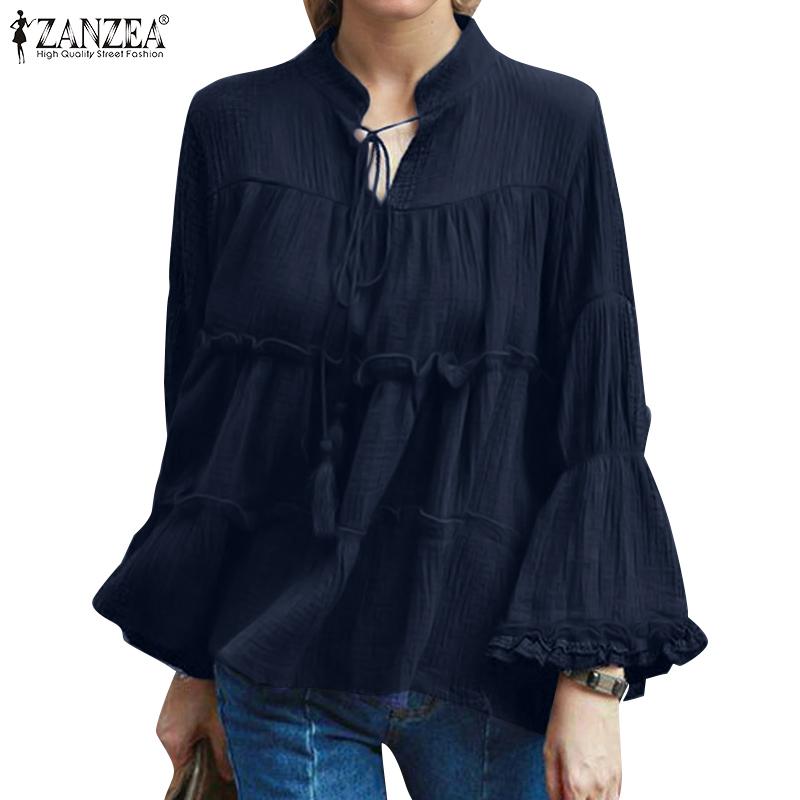 ZANZEA Blouse Décontractée pour Femme à Col Rond et Couleur Unie, Ample, à Manches Lanternes