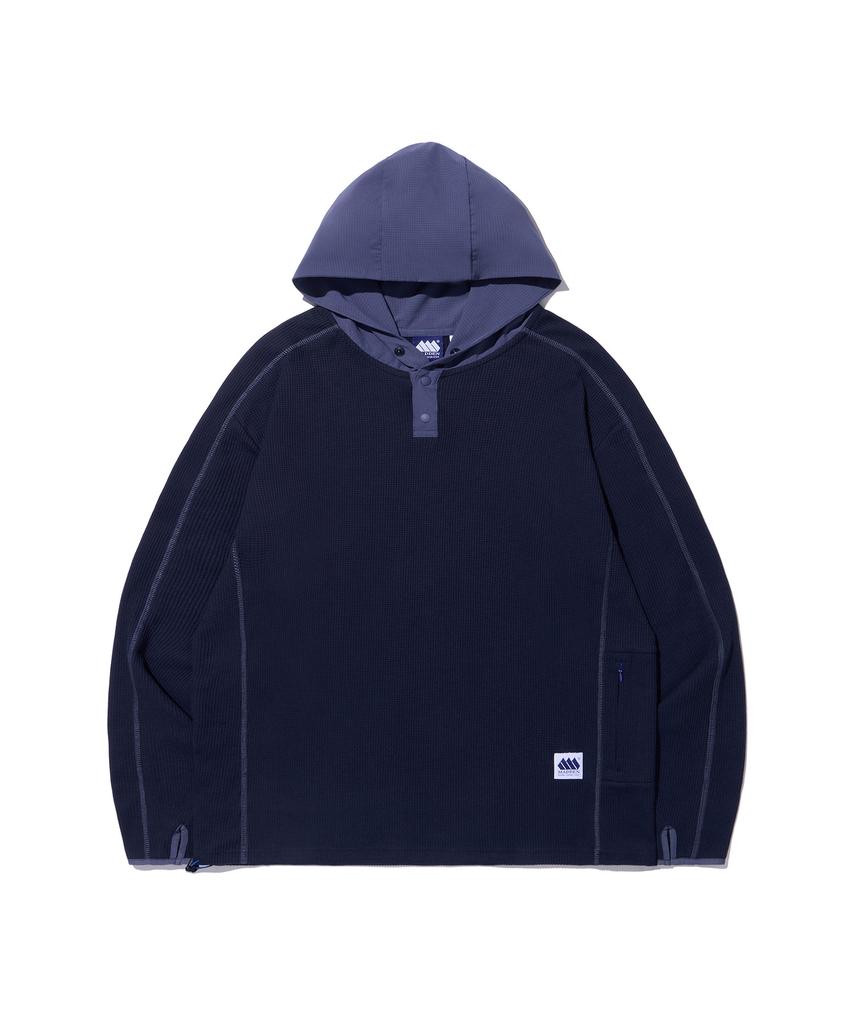 MADDEN Henley Neck Hb Waffle Hoodie Navy