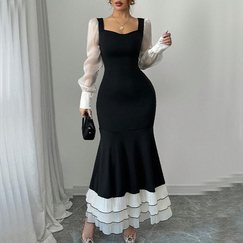 Spring Autumn elegant party Evening Dresses women fashion Contrast Mesh splicing ruffles Women's maxi Dress Casual bodycon dress