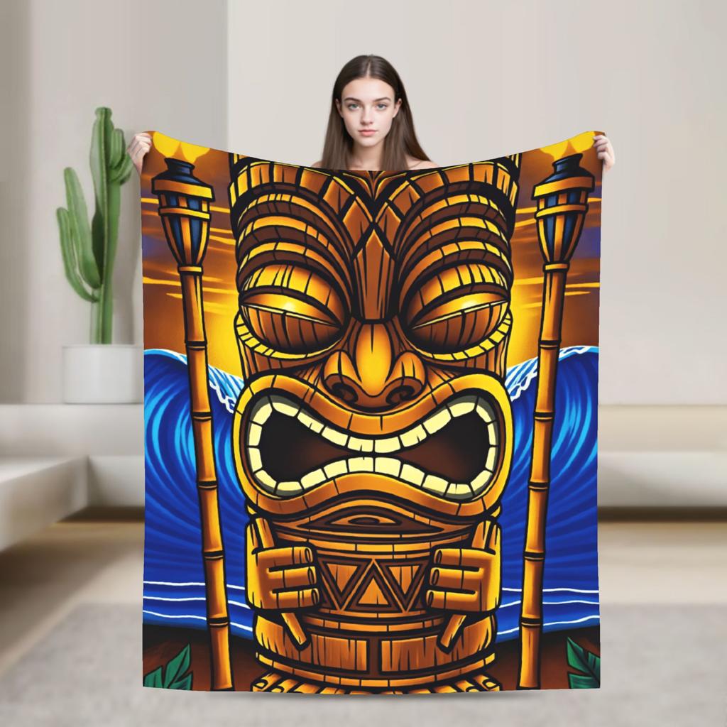 Vintage Sunset Beach Tiki Totem Statue Art Flannel Blanket Spring Warm Throw Blanket for Kids Home Decor Pattern Sofa Bed Cover