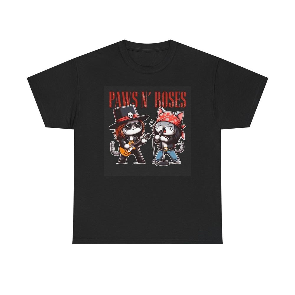 Paws And Roses Graphic T Shirt Funny Cat Rock Unisex Heavy Cotton Tee Unisex T-Shirt L