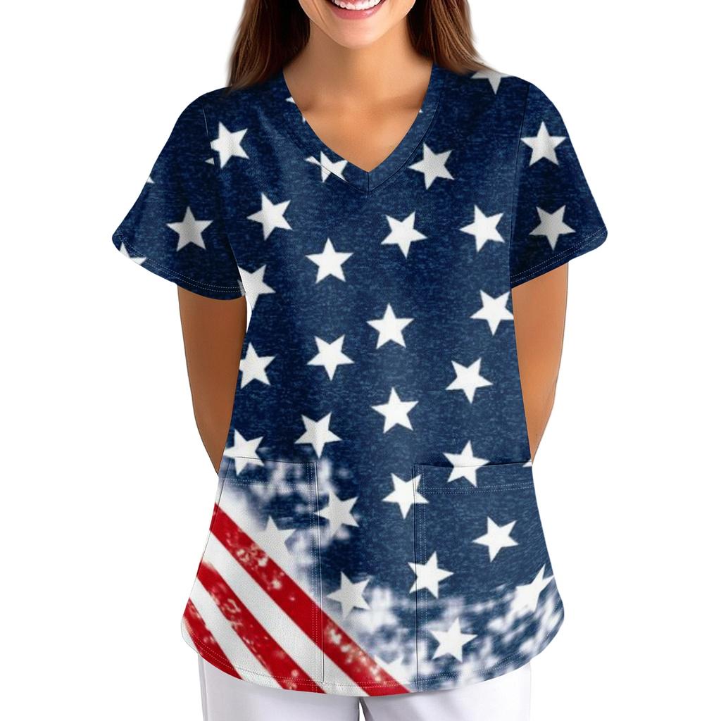 Women's Patriotic Print V-Neck Short Sleeve Scrub Top with Pockets Loose Fit